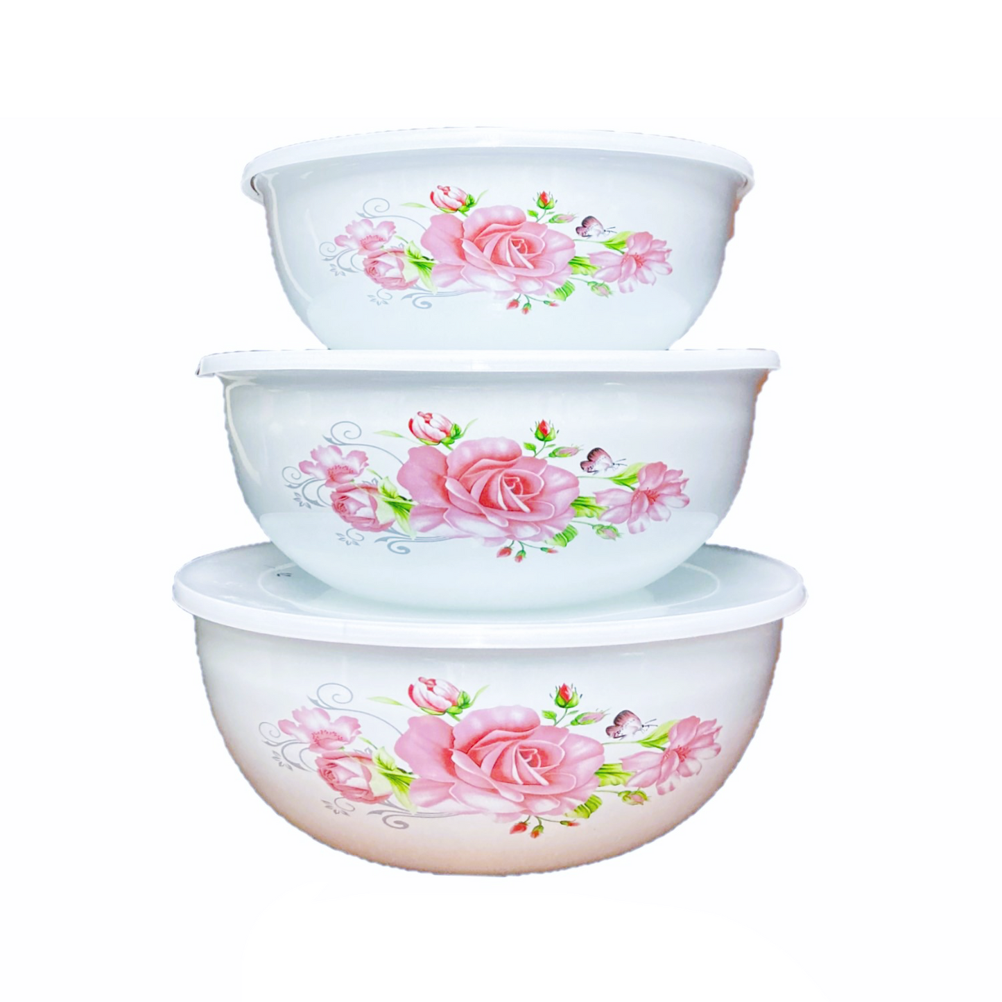 6 PC Pink Floral Enamel Salad Bowl Set