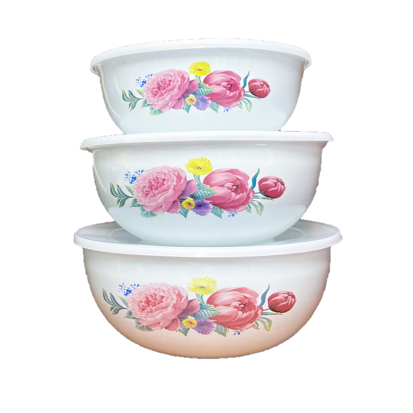 6 PC Red Floral Enamel Salad Bowl Set