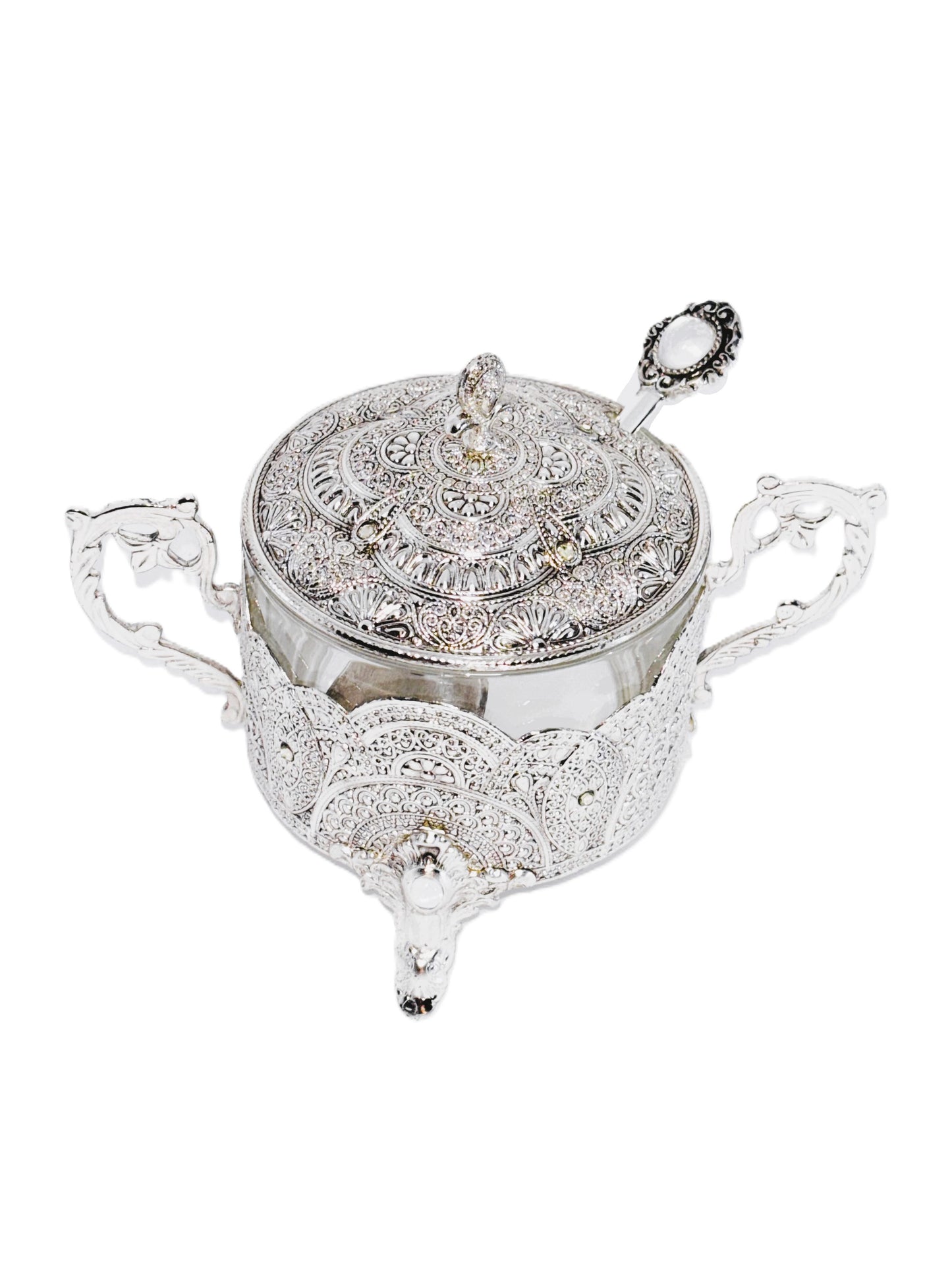Silver Plated Sugar Bowl with Lid and Spoon, Ornate Filigree Design, Glass Insert, 3-Piece Set