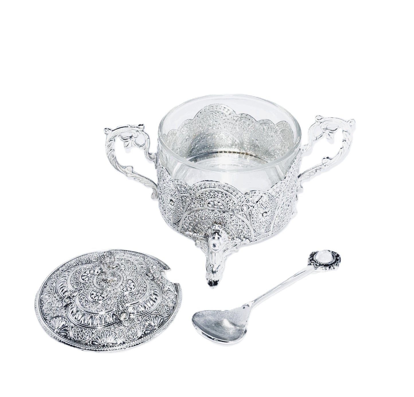 Silver Plated Sugar Bowl with Lid and Spoon, Ornate Filigree Design, Glass Insert, 3-Piece Set