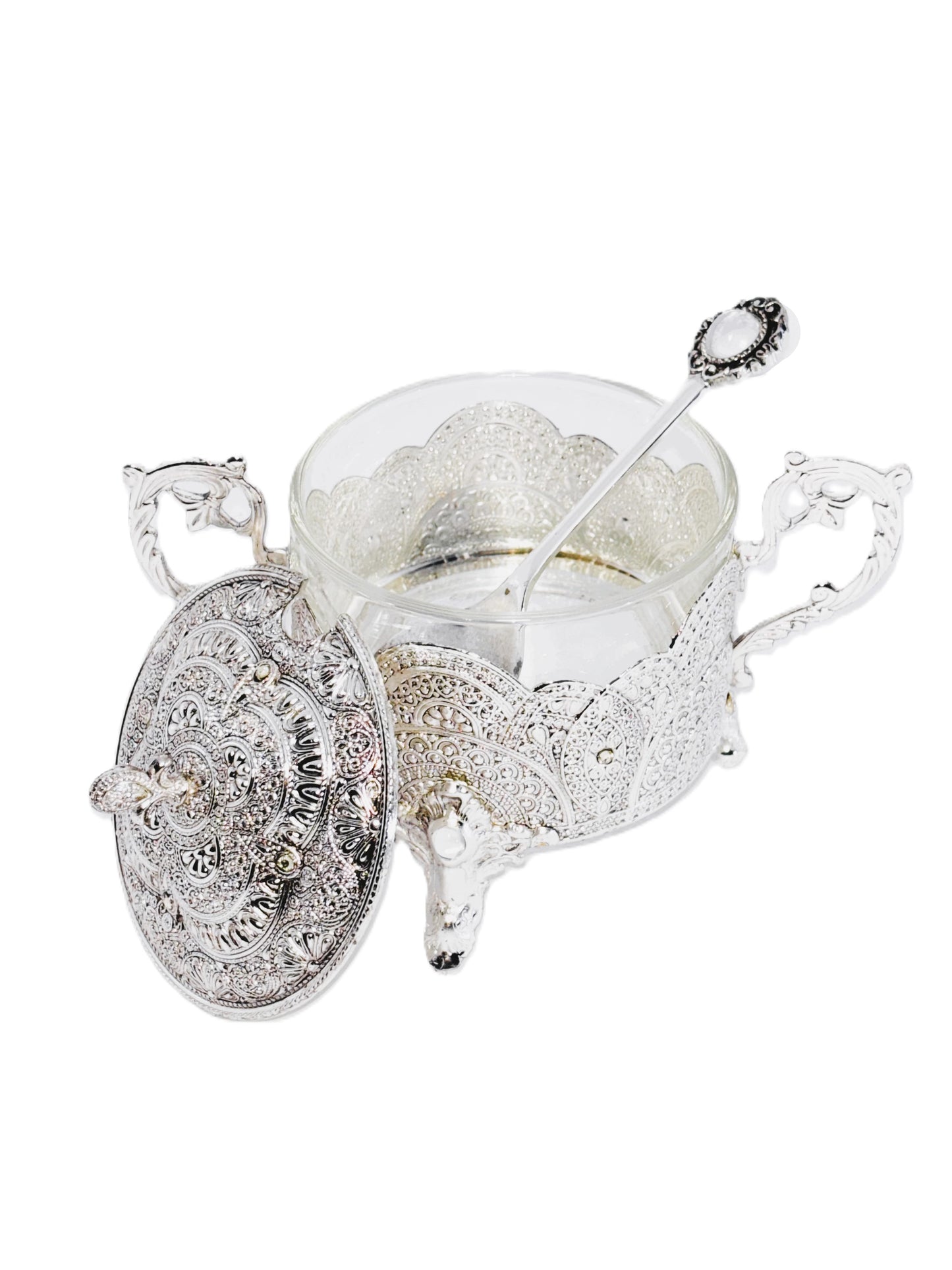 Silver Plated Sugar Bowl with Lid and Spoon, Ornate Filigree Design, Glass Insert, 3-Piece Set