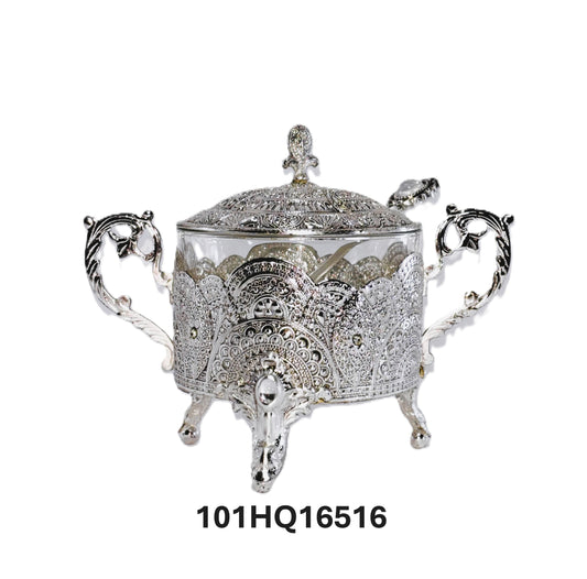 Silver Plated Sugar Bowl with Lid and Spoon, Ornate Filigree Design, Glass Insert, 3-Piece Set