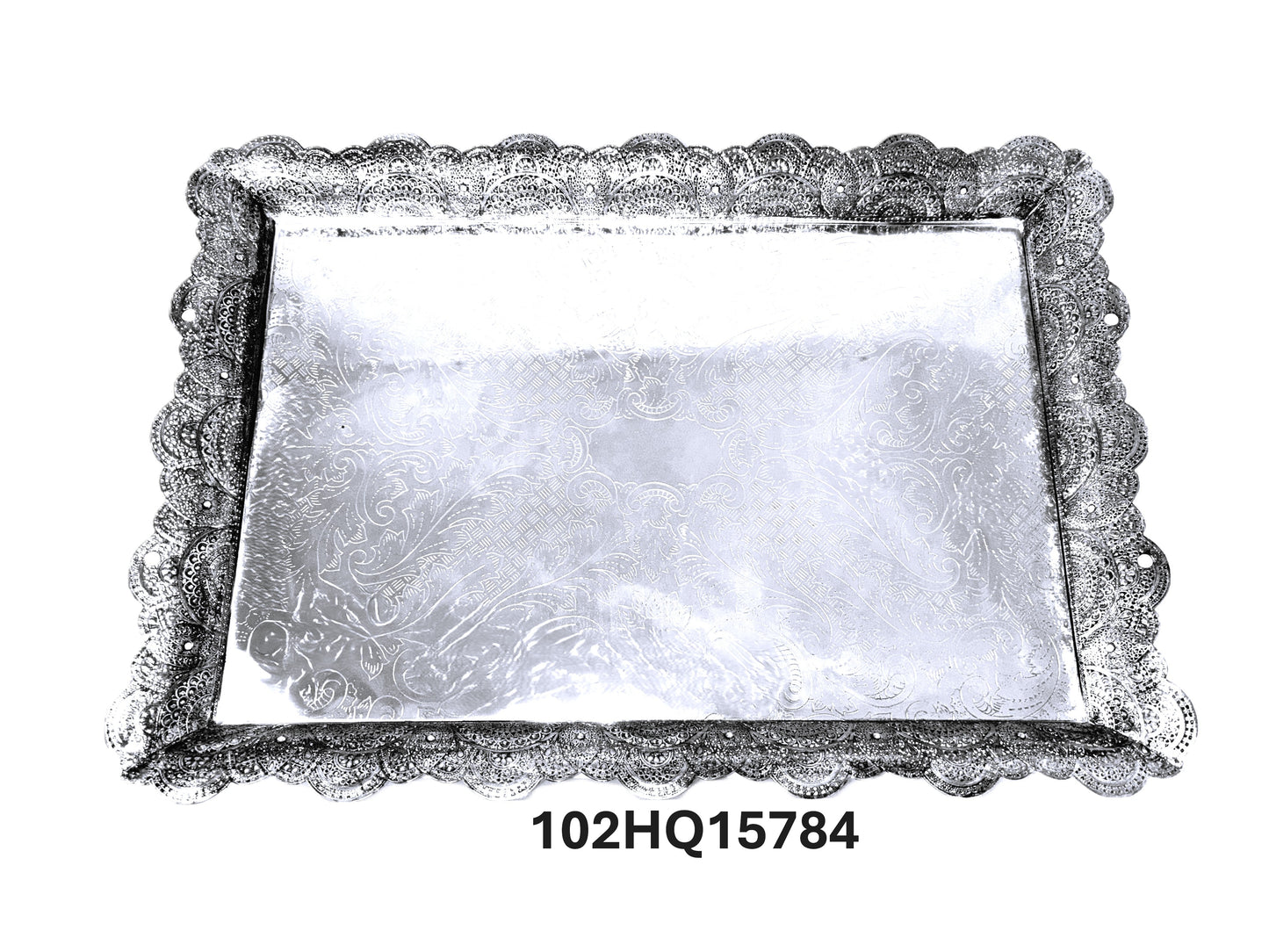 Decorative Serving Tray with Handles, Silver, Ornate Scalloped Border, Rectangular Shape