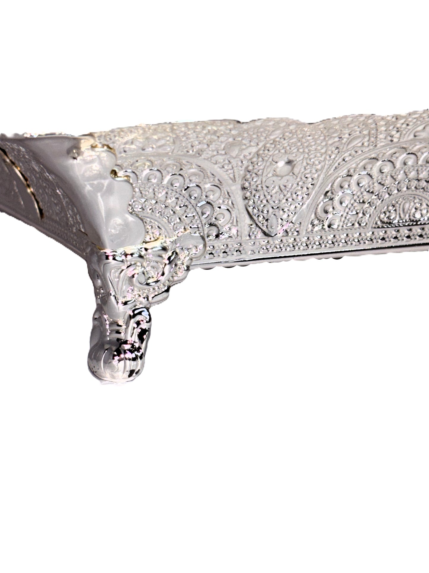 Decorative Serving Tray with Handles, Silver, Ornate Scalloped Border, Rectangular Shape