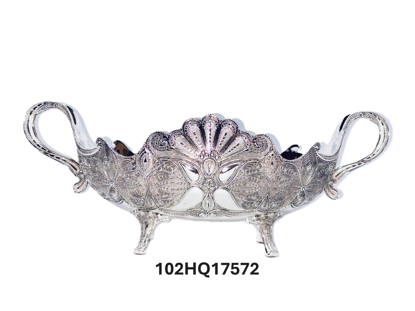 Decorative Silver Fruit Bowl, Ornate Filigree Design, Metal with Handles, Footed Centerpiece, Peacock Pattern