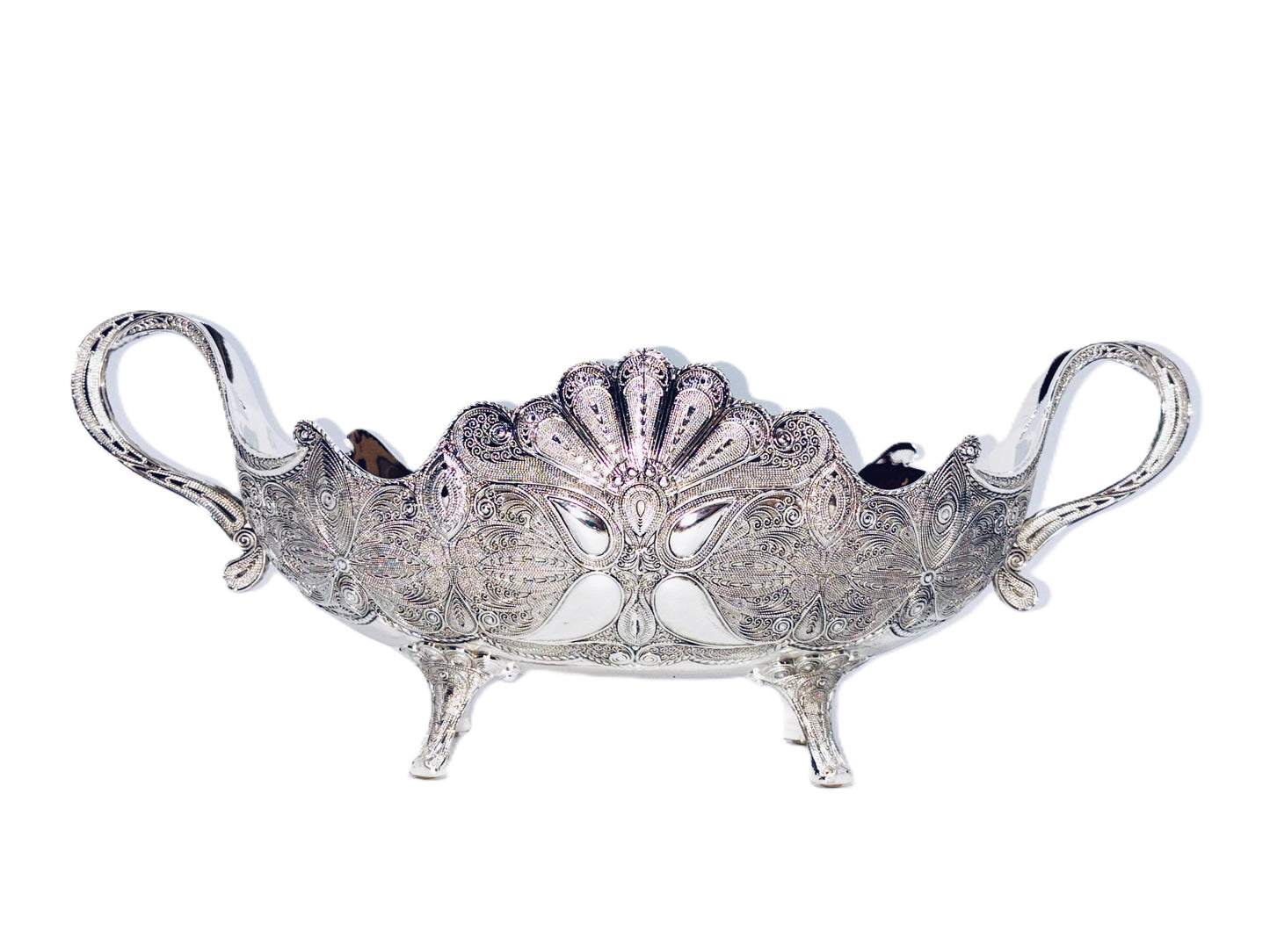 Decorative Silver Fruit Bowl, Ornate Filigree Design, Metal with Handles, Footed Centerpiece, Peacock Pattern