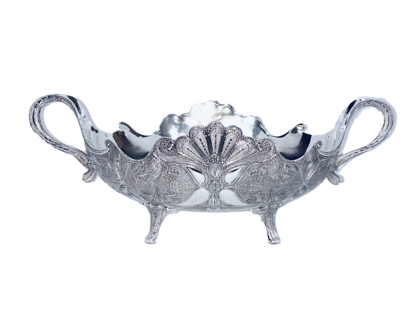 Decorative Silver Fruit Bowl, Ornate Filigree Design, Metal with Handles, Footed Centerpiece, Peacock Pattern