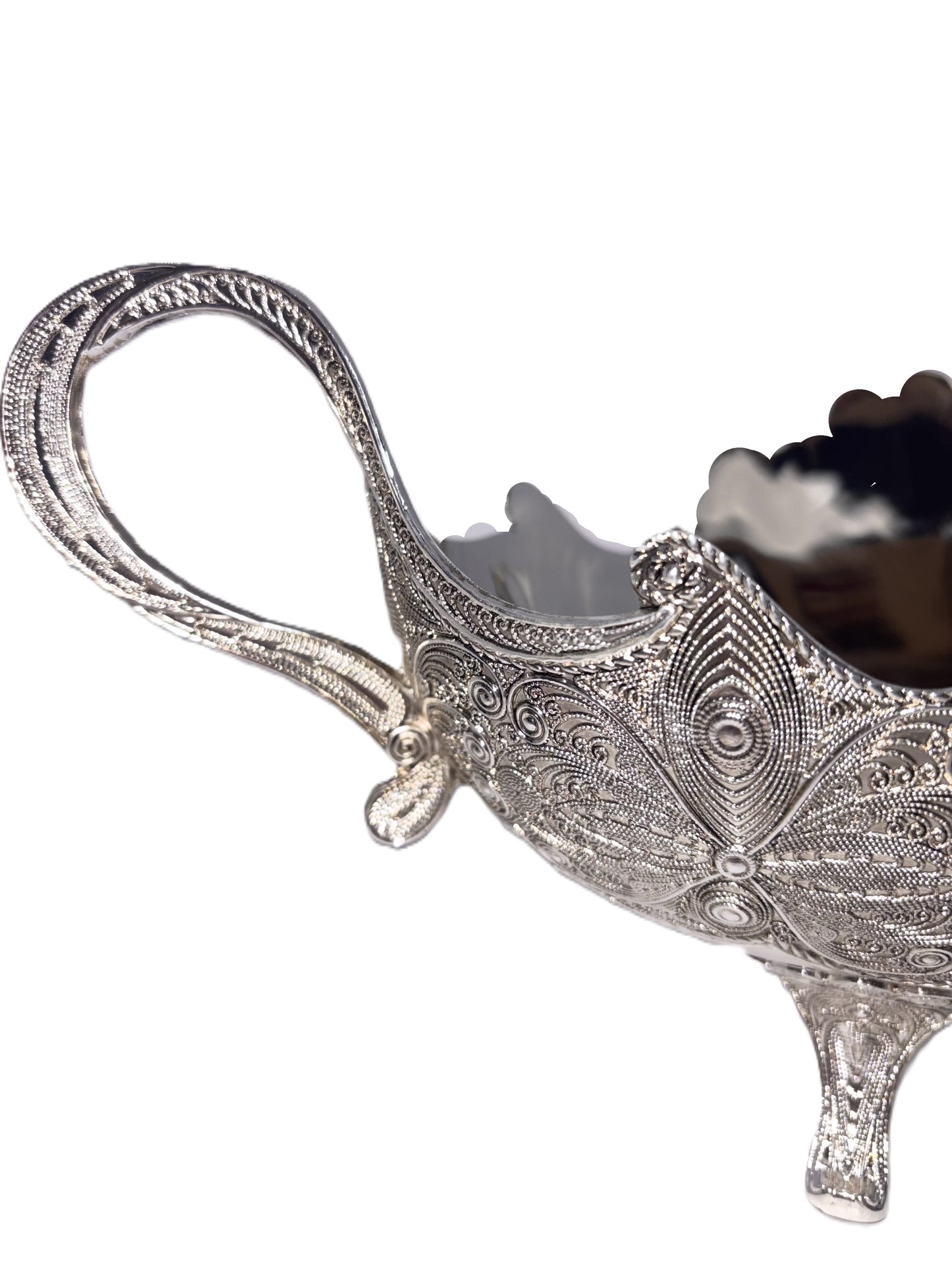 Decorative Silver Fruit Bowl, Ornate Filigree Design, Metal with Handles, Footed Centerpiece, Peacock Pattern