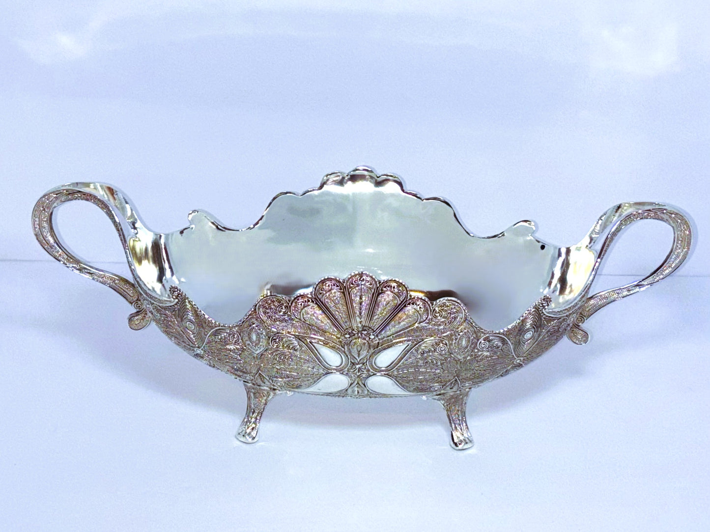 Decorative Silver Fruit Bowl, Ornate Filigree Design, Metal with Handles, Footed Centerpiece, Peacock Pattern