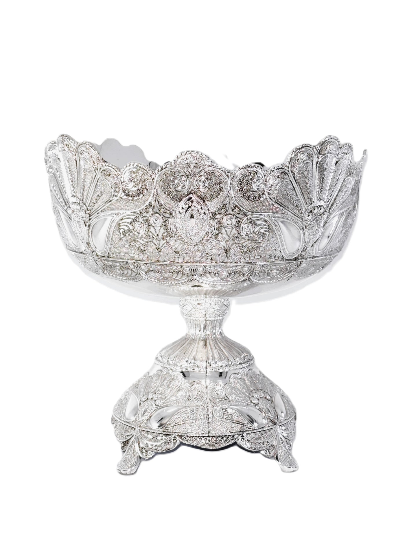 Decorative Footed Fruit Bowl, Silver, Ornate Filigree Design, Pedestal Compote, Centerpiece Display