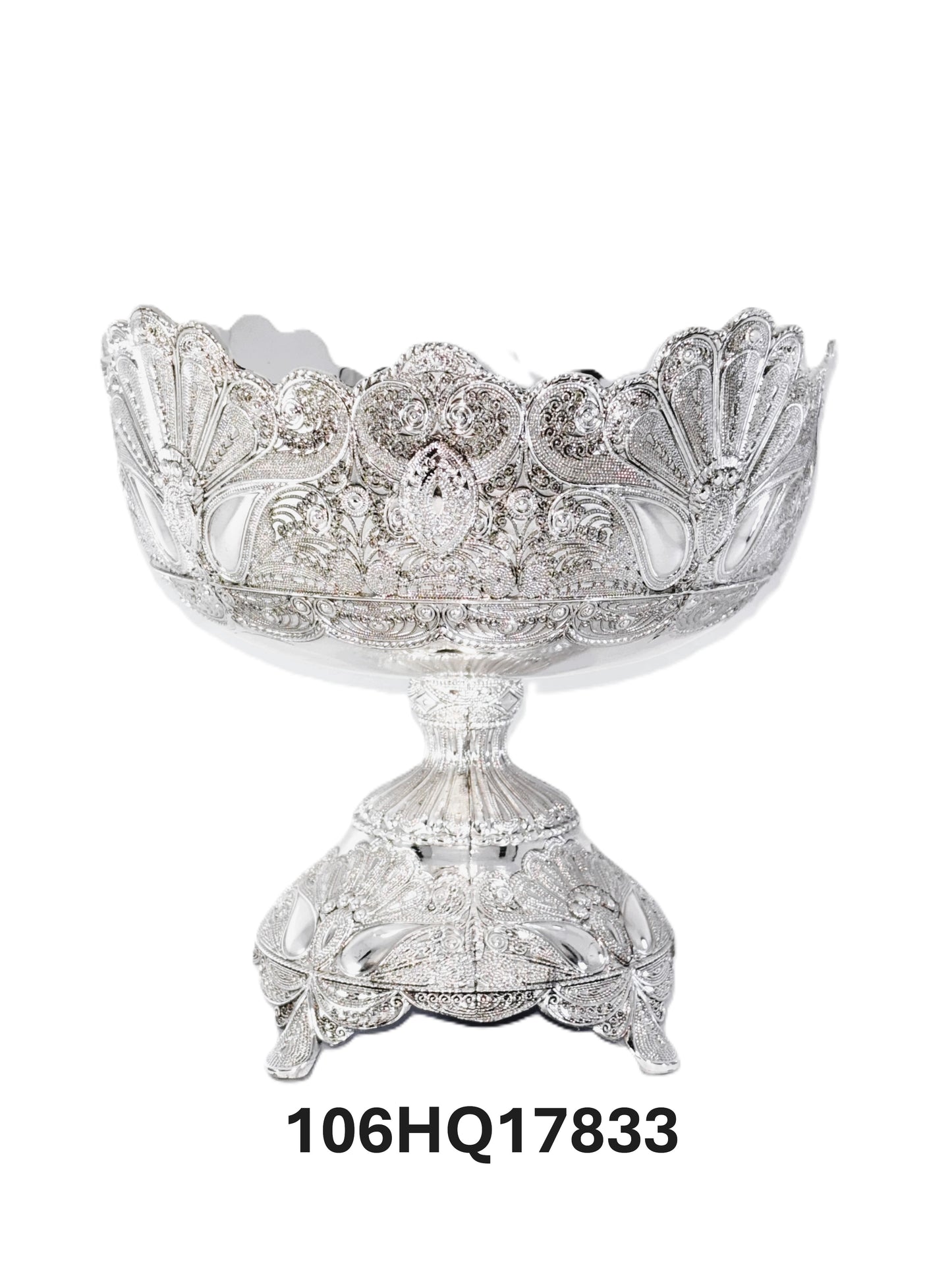 Decorative Footed Fruit Bowl, Silver, Ornate Filigree Design, Pedestal Compote, Centerpiece Display