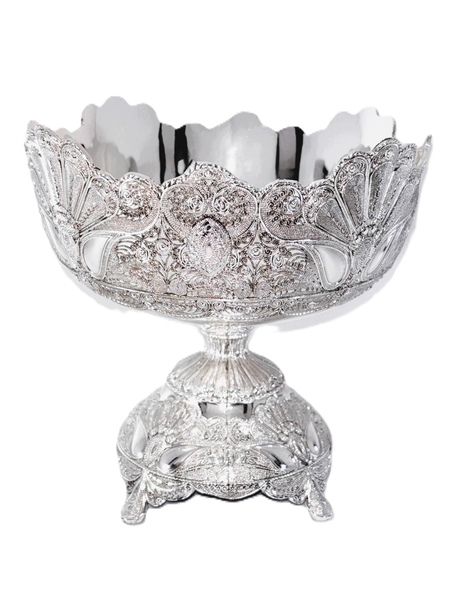 Decorative Footed Fruit Bowl, Silver, Ornate Filigree Design, Pedestal Compote, Centerpiece Display