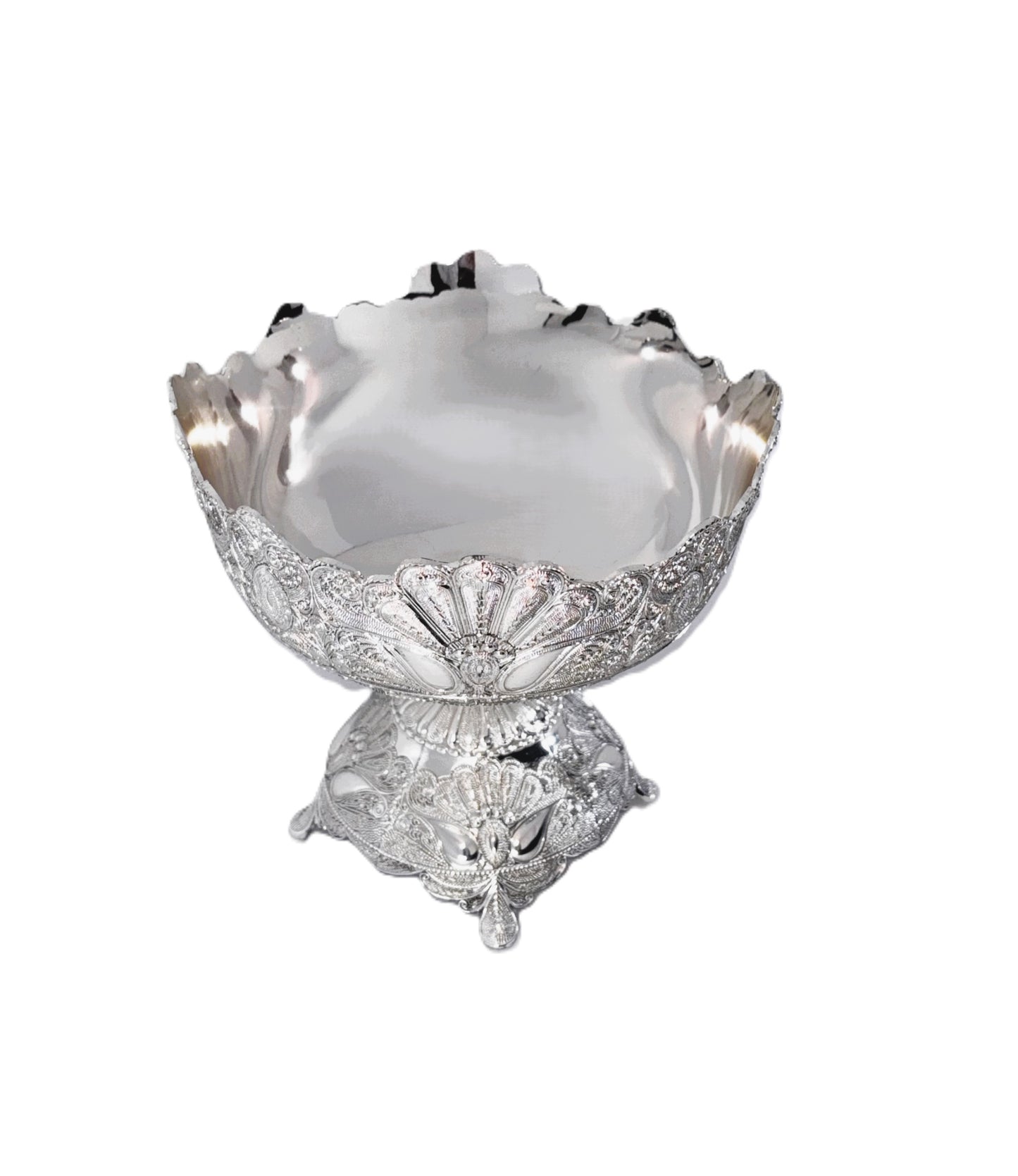 Decorative Footed Fruit Bowl, Silver, Ornate Filigree Design, Pedestal Compote, Centerpiece Display