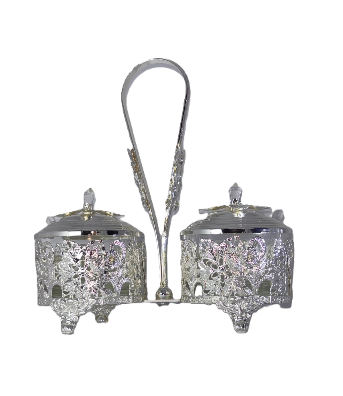 Silver Decorative Condiment Set with Caddy, 2 Glass Jars with Lids, Ornate Filigree Design, Metal Handle