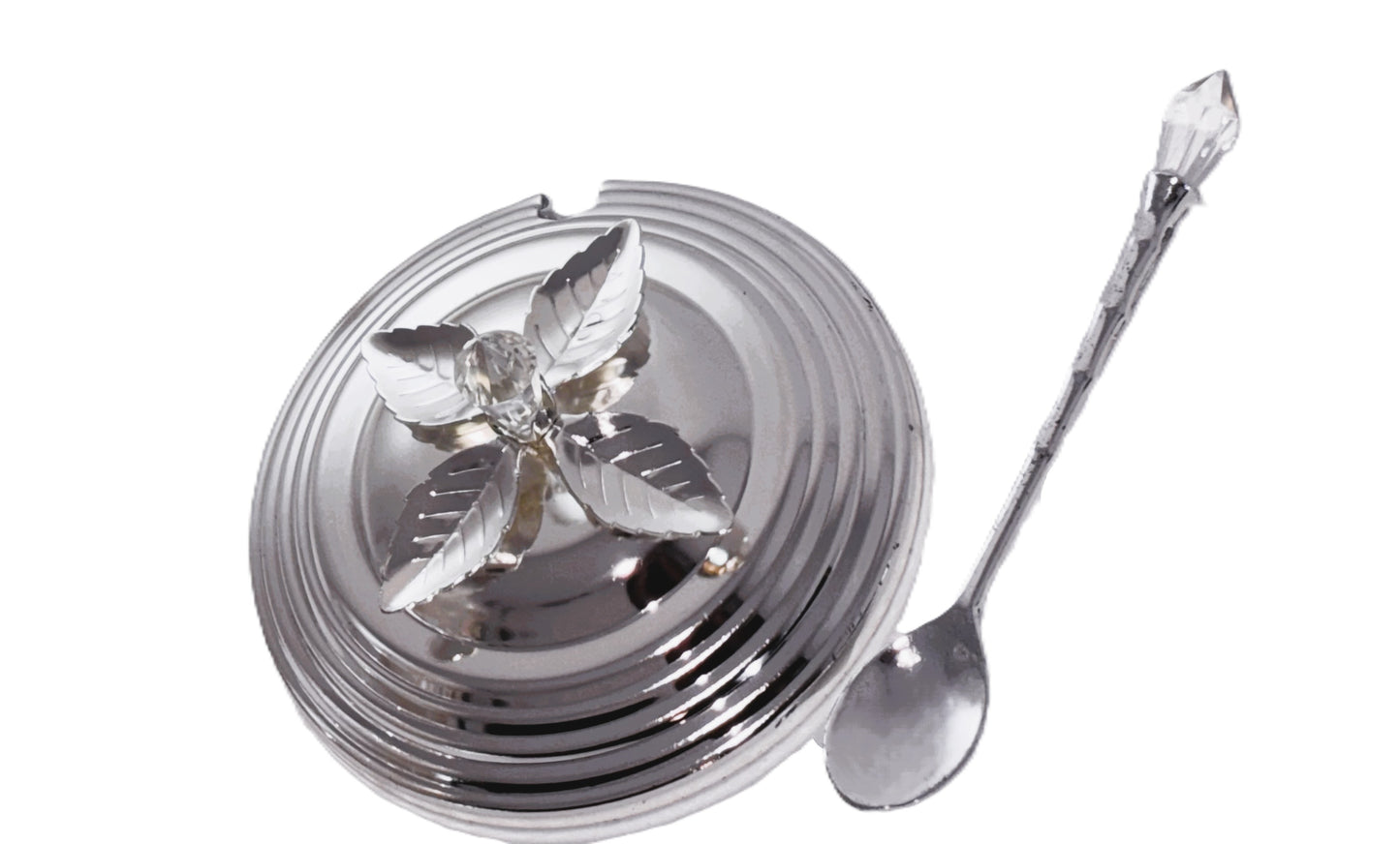 Silver Decorative Condiment Set with Caddy, 2 Glass Jars with Lids, Ornate Filigree Design, Metal Handle