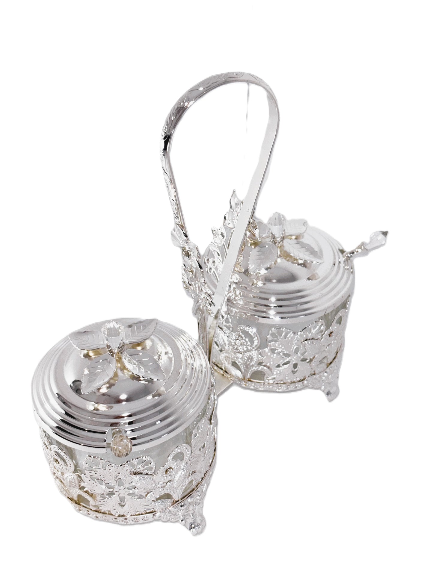 Silver Decorative Condiment Set with Caddy, 2 Glass Jars with Lids, Ornate Filigree Design, Metal Handle
