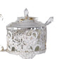 Silver Decorative Condiment Set with Caddy, 2 Glass Jars with Lids, Ornate Filigree Design, Metal Handle