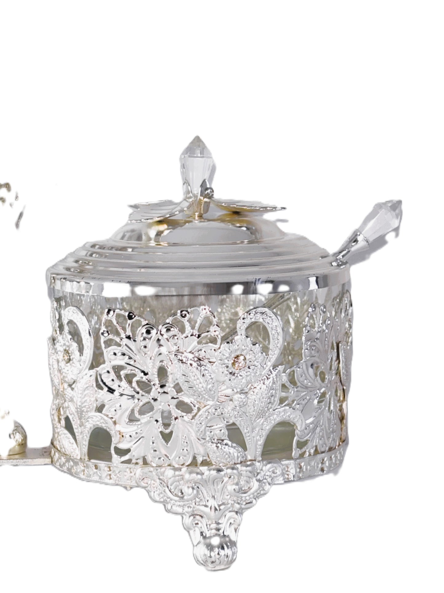 Silver Decorative Condiment Set with Caddy, 2 Glass Jars with Lids, Ornate Filigree Design, Metal Handle