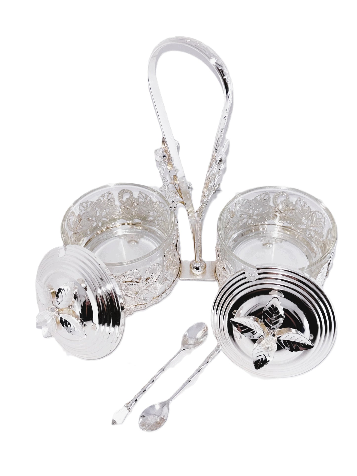 Silver Decorative Condiment Set with Caddy, 2 Glass Jars with Lids, Ornate Filigree Design, Metal Handle