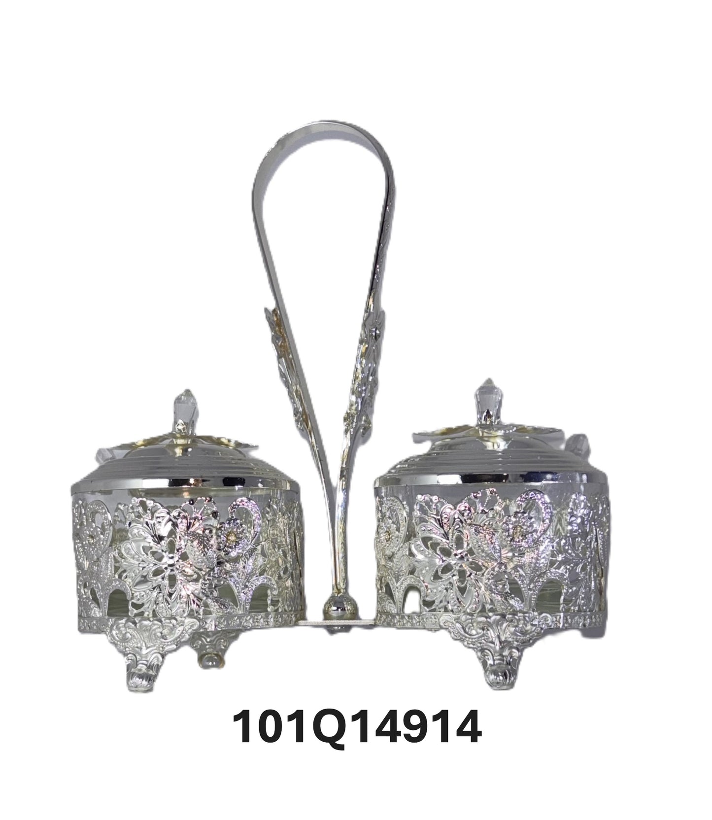 Silver Decorative Condiment Set with Caddy, 2 Glass Jars with Lids, Ornate Filigree Design, Metal Handle