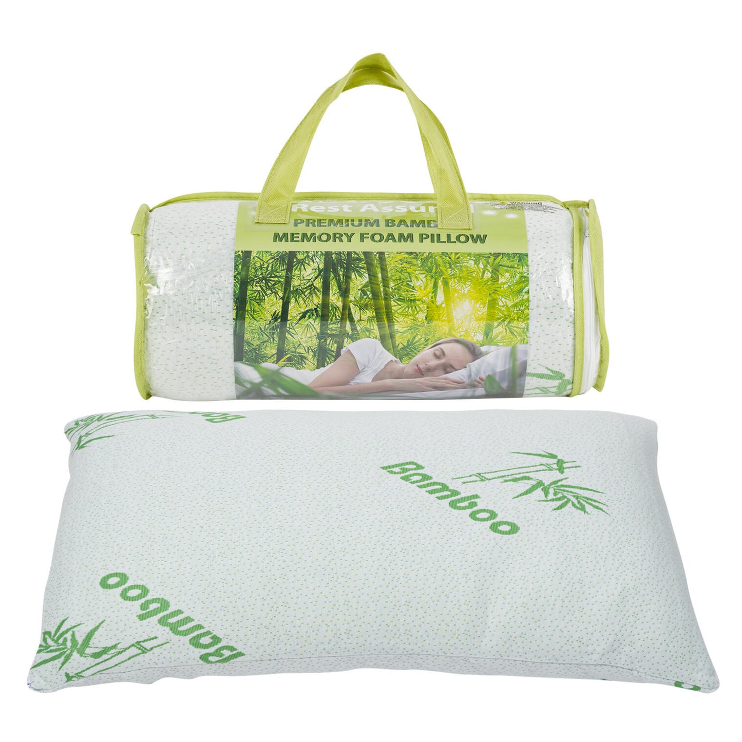 Premium Bamboo Memory Foam Pillow, White with Bamboo Print, Rest Assured, with Carrying Bag