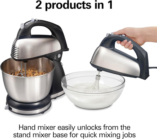 Stand Mixer with Stainless Steel Bowl, Black and Silver, Hand Mixer with Base, Rotating Bowl 2 in 1 6 speeds