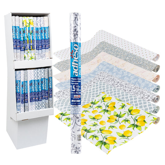 adheso Peel and Stick Contact Paper, Decorative Shelf and Drawer Liner, Wipes Clean, Durable, 1.5 Yards, Assorted Patterns