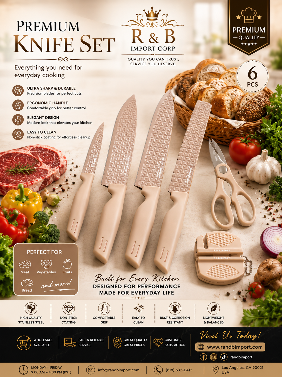 6 PC PERMIUM KITCHEN KNIFE SET WITH KNIFE SHARPNER