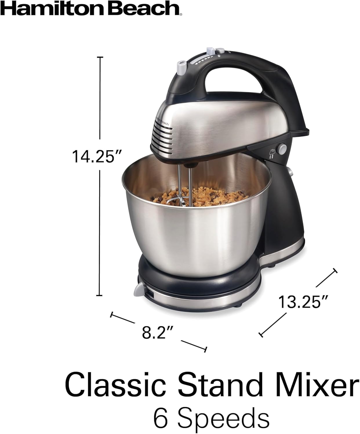 Stand Mixer with Stainless Steel Bowl, Black and Silver, Hand Mixer with Base, Rotating Bowl 2 in 1 6 speeds