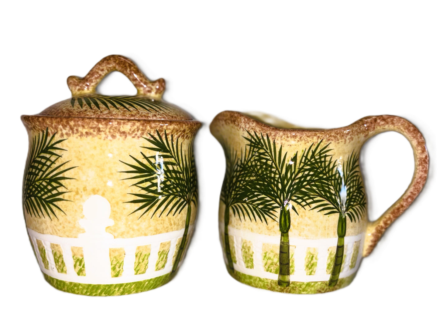 Palm Tree Hand Painted Sugar Bowland and Creamer Set