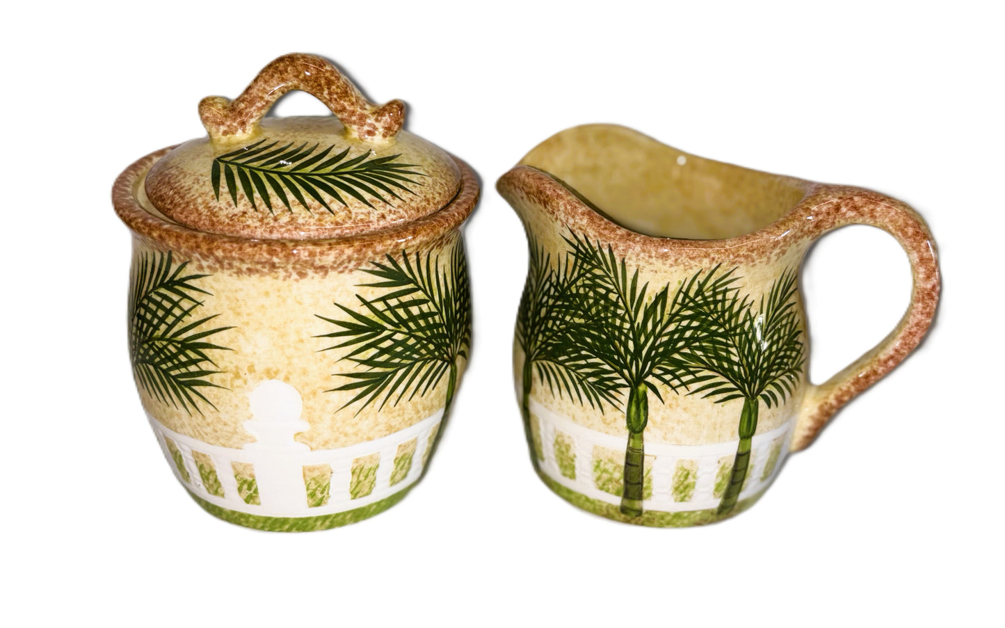 Palm Tree Hand Painted Sugar Bowland and Creamer Set