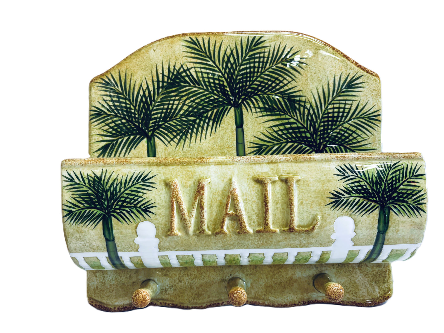 Palm Tree Hand Painted Key and Mail Holder Ceramic with 3 Hooks