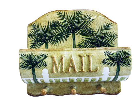 Palm Tree Hand Painted Key and Mail Holder Ceramic with 3 Hooks