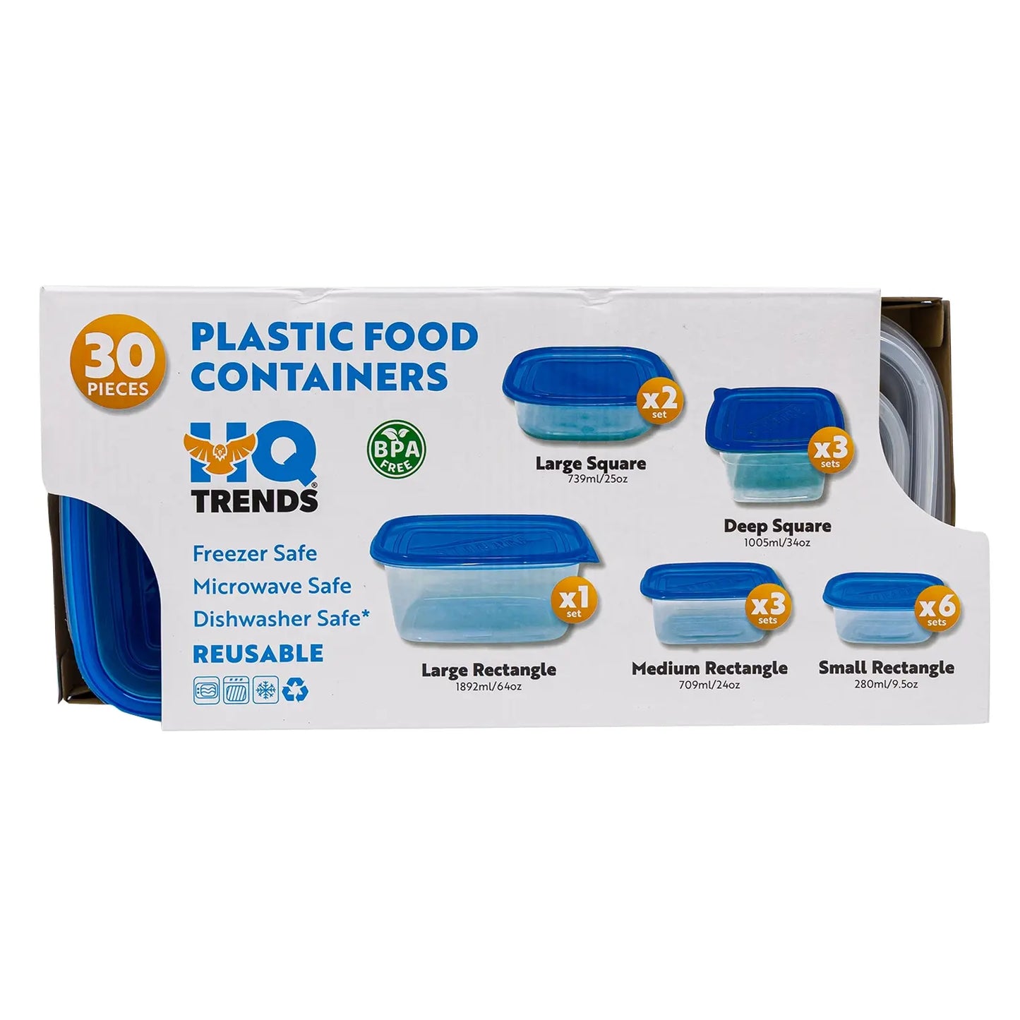 HQ Trends Plastic Food Containers with Lids, BPA Free, Freezer Safe, Microwave Safe, Dishwasher Safe, Reusable, 30 Pieces