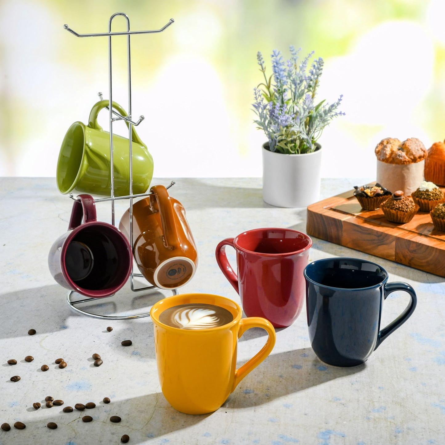 7 PC Gibson Home Everyday Contempo Hues Assorted Ceramic 15-Ounce Mug Set with Rack