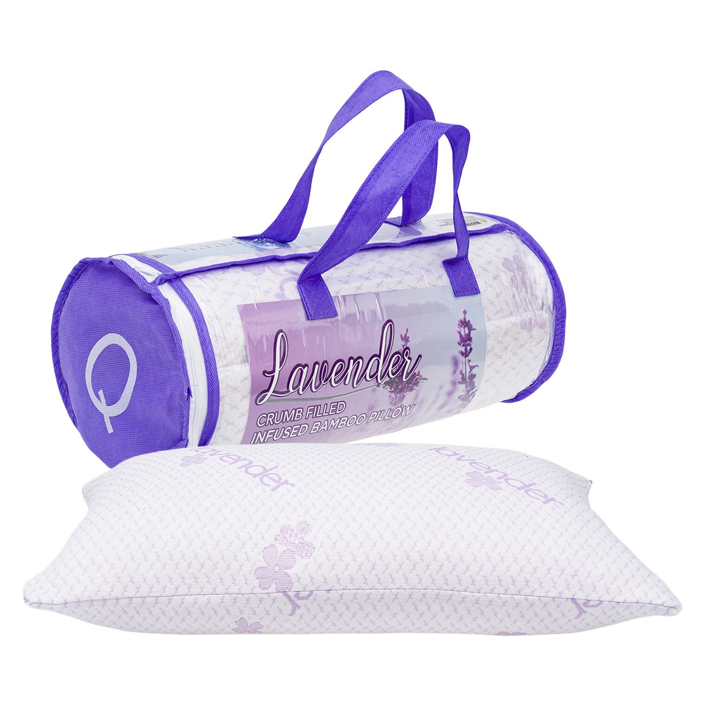 Lavender Crumb Filled Infused Bamboo Pillow, Purple, White, with Carrying Bag