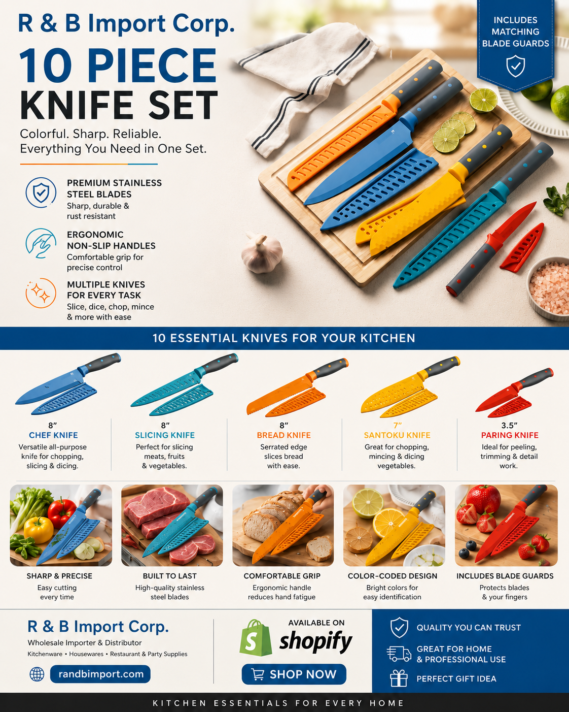 10 PC STAINLESS STEEL KITCHEN KNIFES SET WITH COLOR CODED HANDLES WITH MATCHING BLADE GUARDS