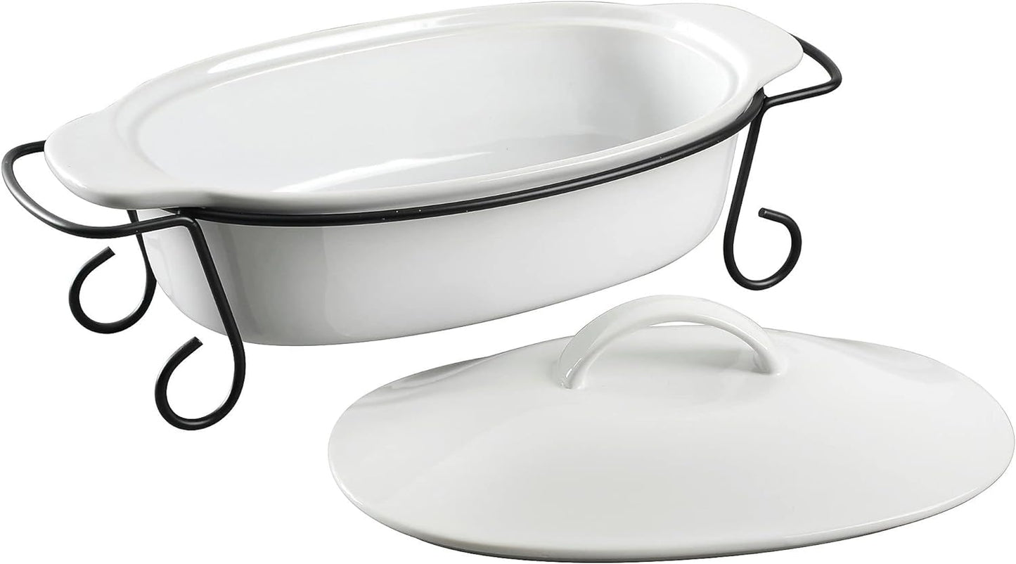 3 PC Gibson Stoneware Bakeware With Lid & Metal Rack