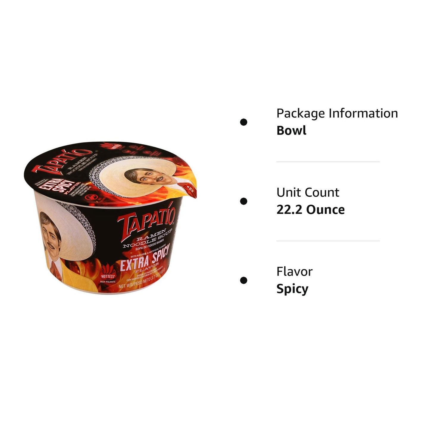 6 PC Tapatio Ramen Noodle Soup Big Bowl Extra Spicy Flavor