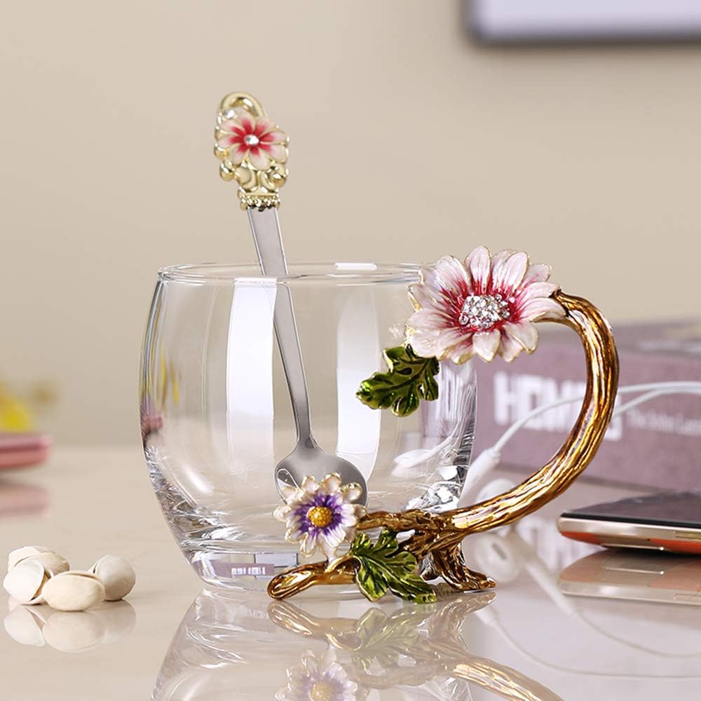 White Flower Glass Tea Cup / Coffee Mugs