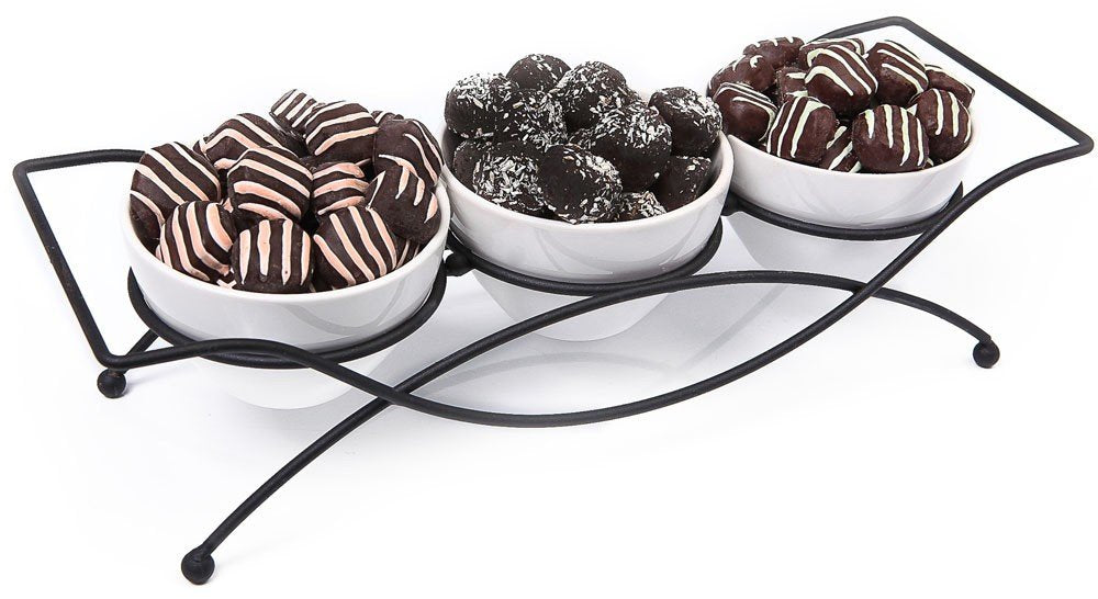 4 PC Stoneware Tidbit Dish Set with Metal Rack