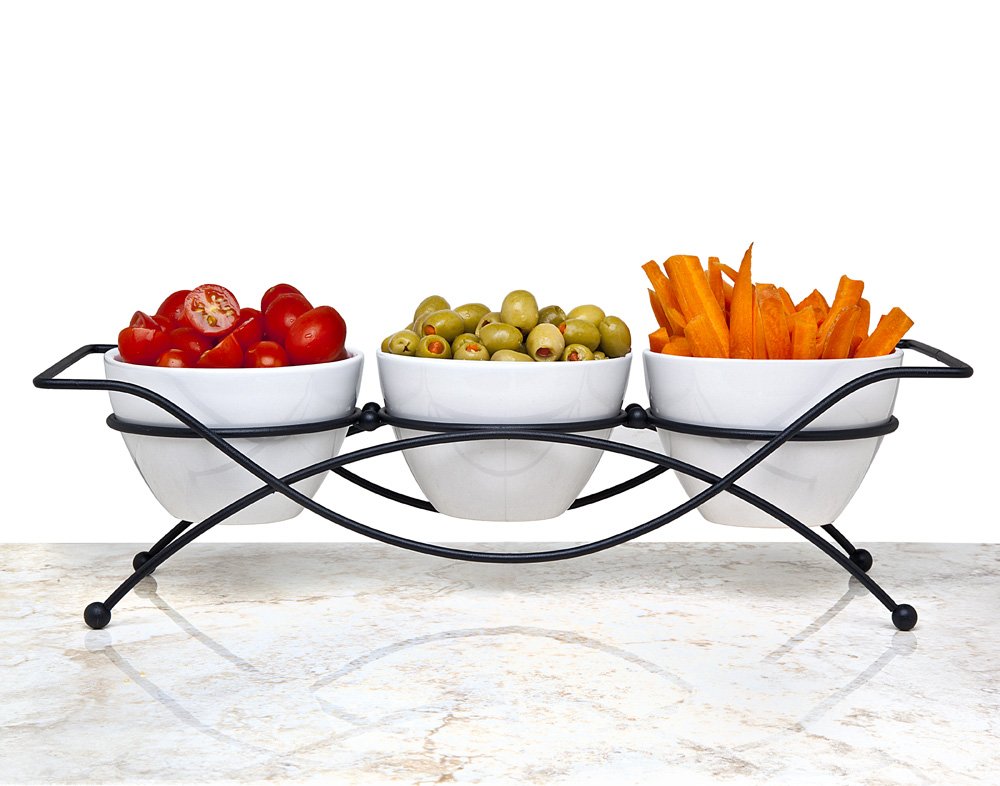 4 PC Stoneware Tidbit Dish Set with Metal Rack