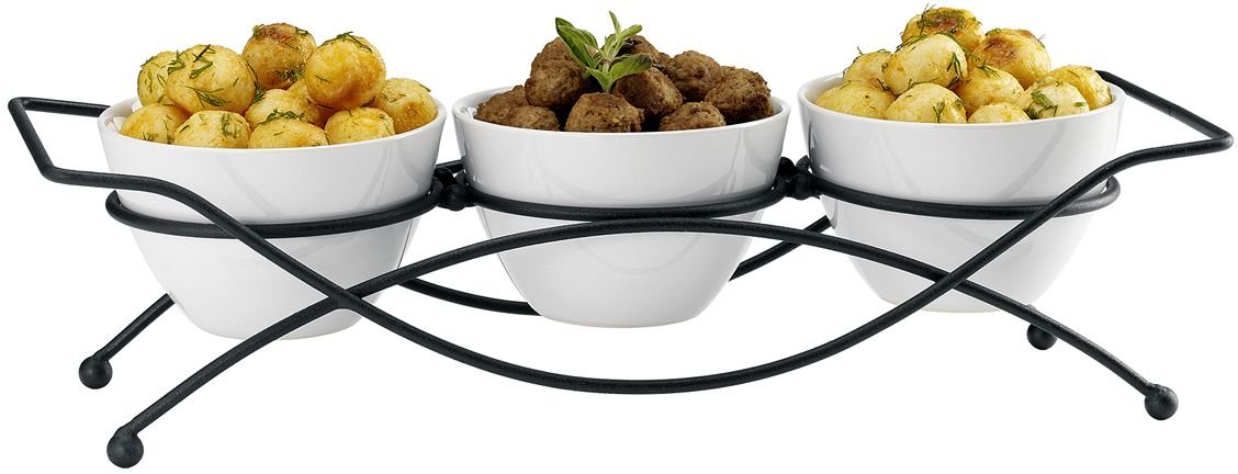 4 PC Stoneware Tidbit Dish Set with Metal Rack