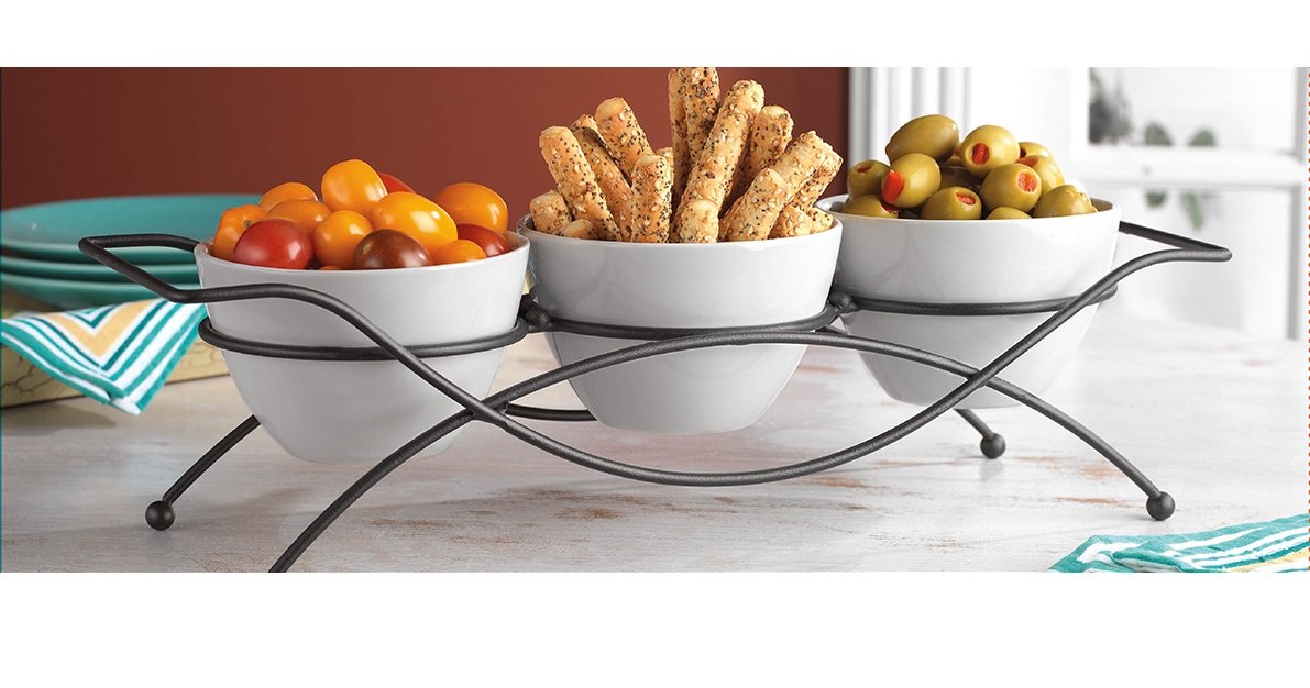 4 PC Stoneware Tidbit Dish Set with Metal Rack
