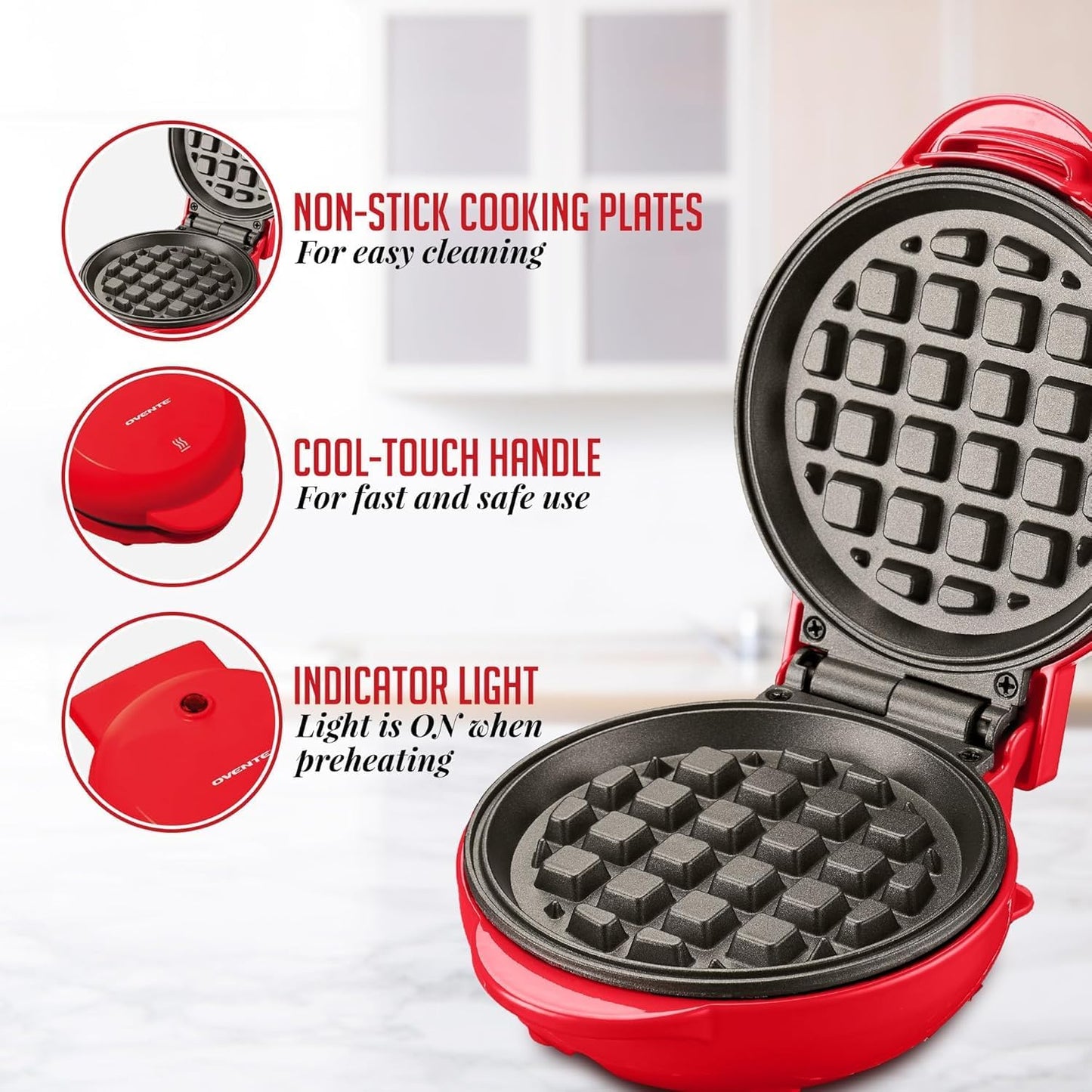 Ovente Red Electric Mini Waffle Maker