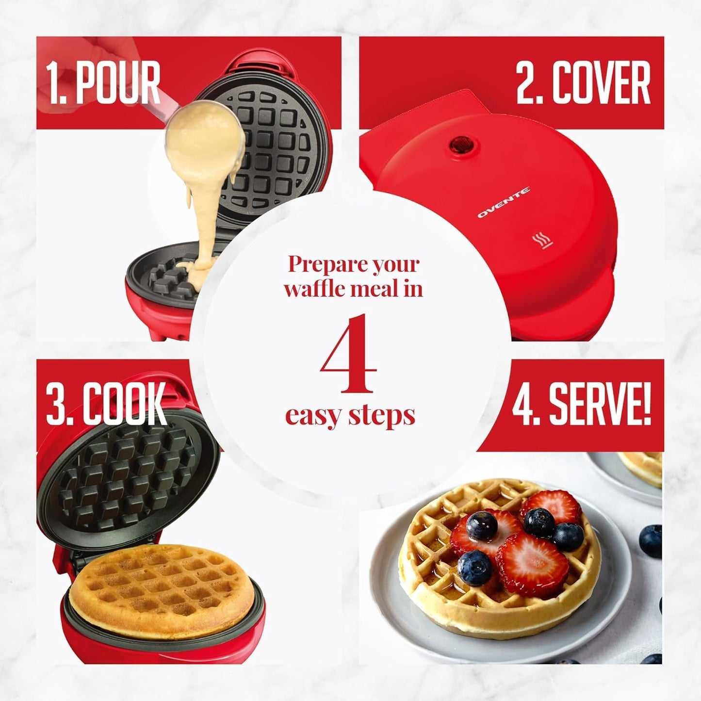 Ovente Red Electric Mini Waffle Maker