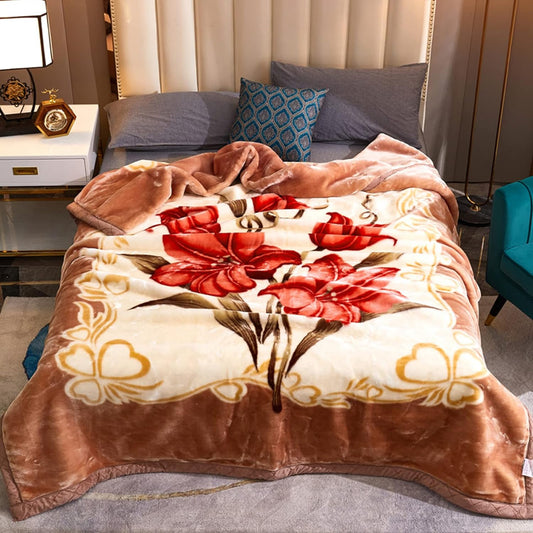 Queen Size Light Brown Korean Mink Heavy, Fleece Plush, 2 Ply Reversible Raschel Bed Blanket