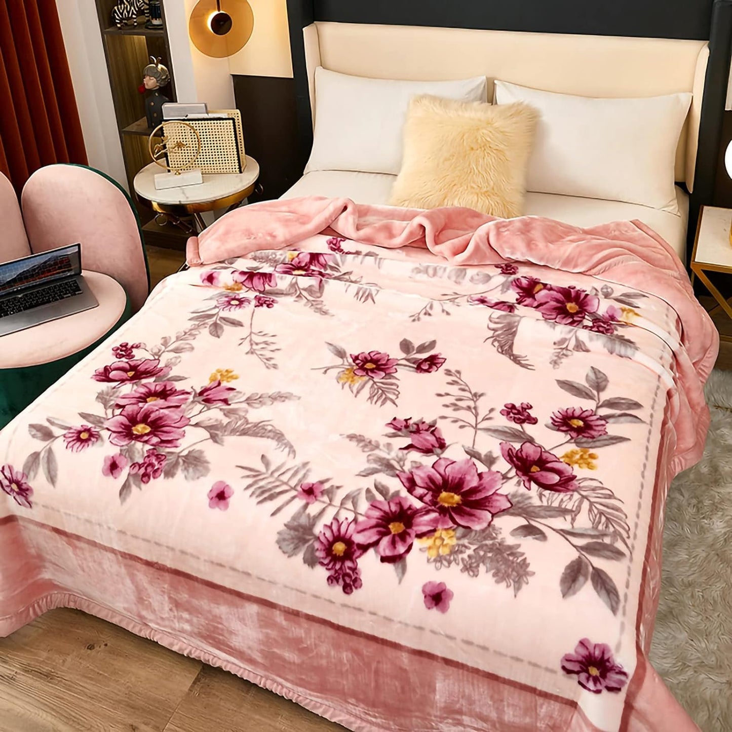 Queen Size Pink Korean Mink Heavy, Fleece Plush, 2 Ply Reversible Raschel Bed Blanket