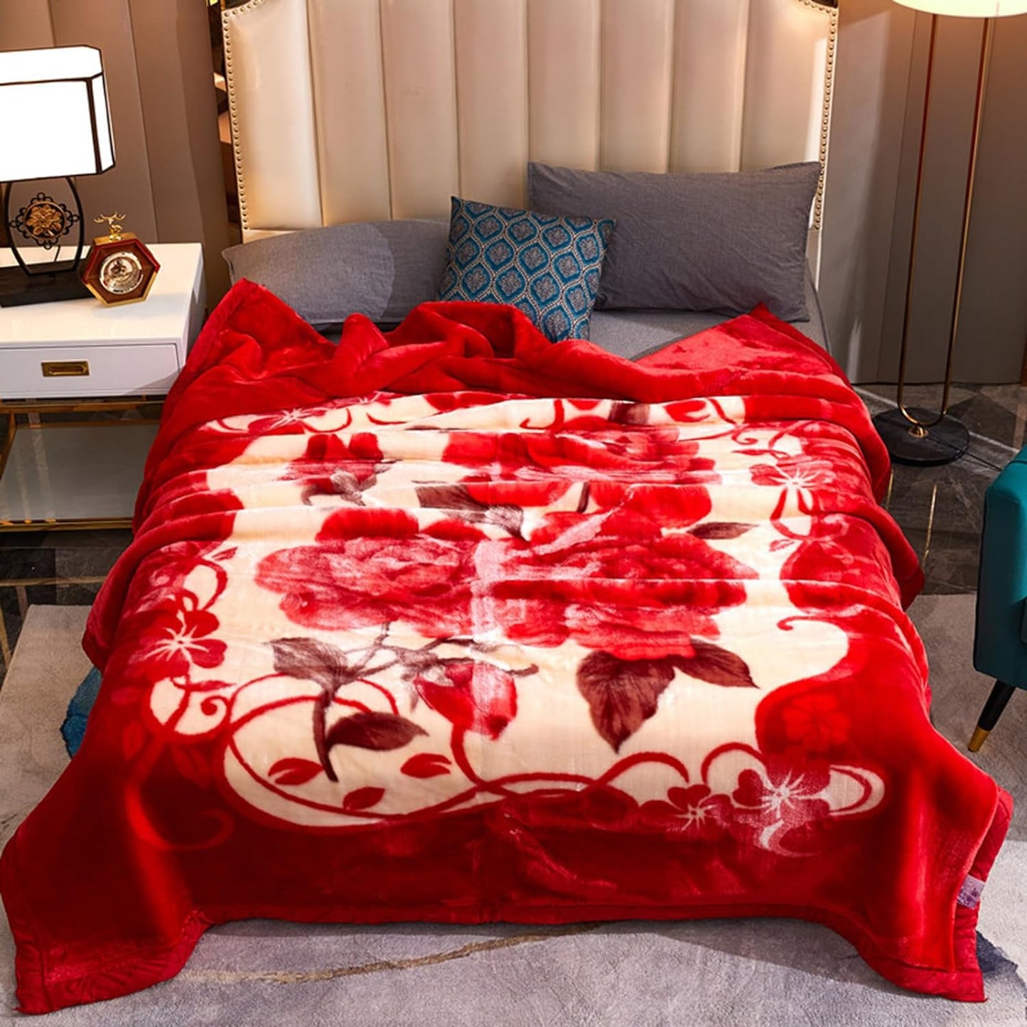 Queen Size Red Rose Korean Mink Heavy, Fleece Plush, 2 Ply Reversible Raschel Bed Blanket
