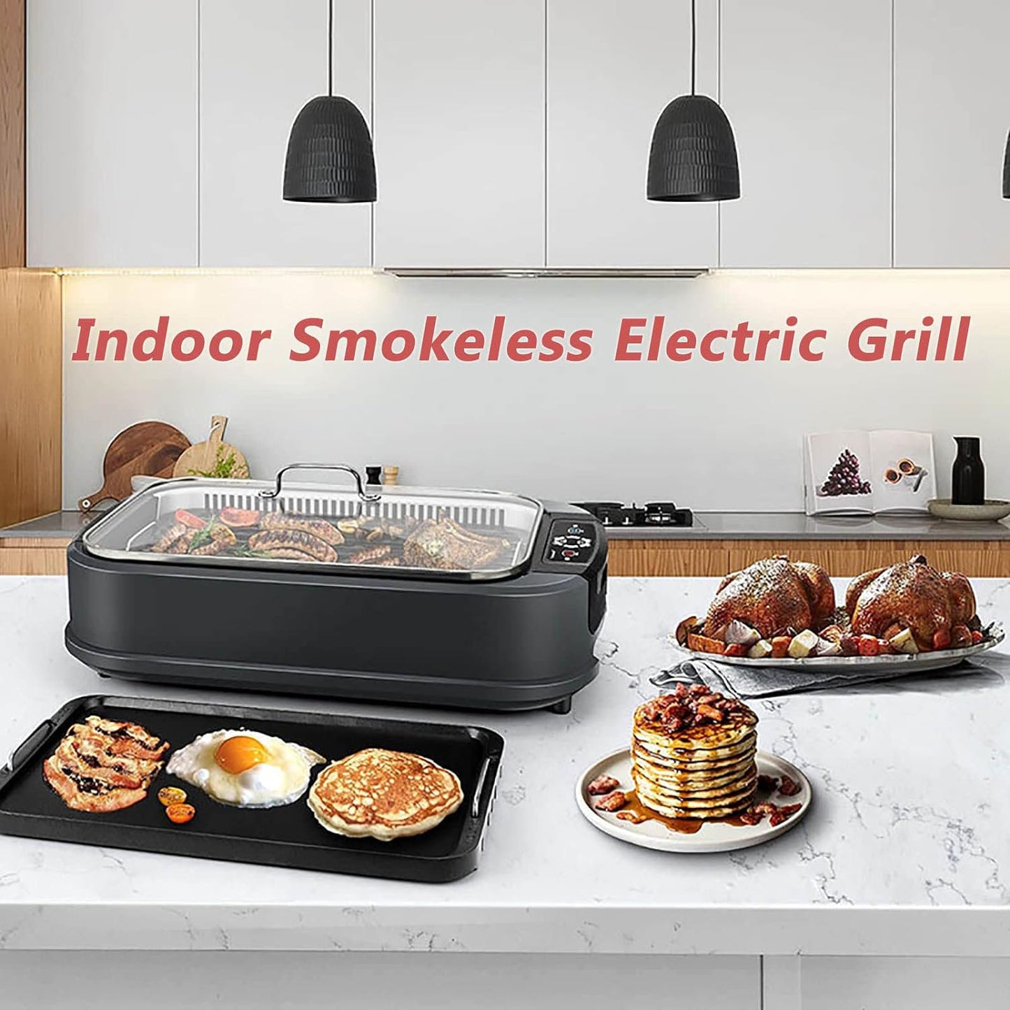 Smokeless Indoor Grill-Electric Grill with Tempered Glass Lid